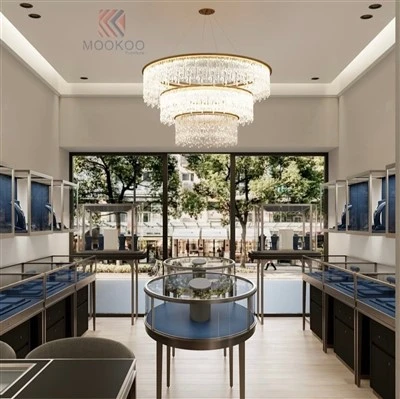 Luxuriöse Schmuckvitrine aus Edelstahl mit marineblauem Samtbezug